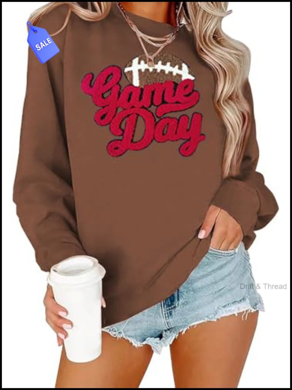 Womens Football Sweatshirt Chenille Patch Gameday Pullover Crew Neck Long Sleeve